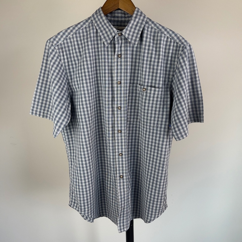 Fieldmaster Mens Medium Short Sleeve Button Down Shirt Blue White Plaid Cotton